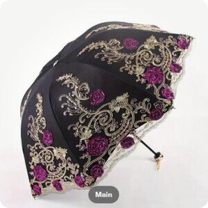Elegant Black & Purple Rose Floral Lace Sun Umbrella  , 8-Rib Compact New
